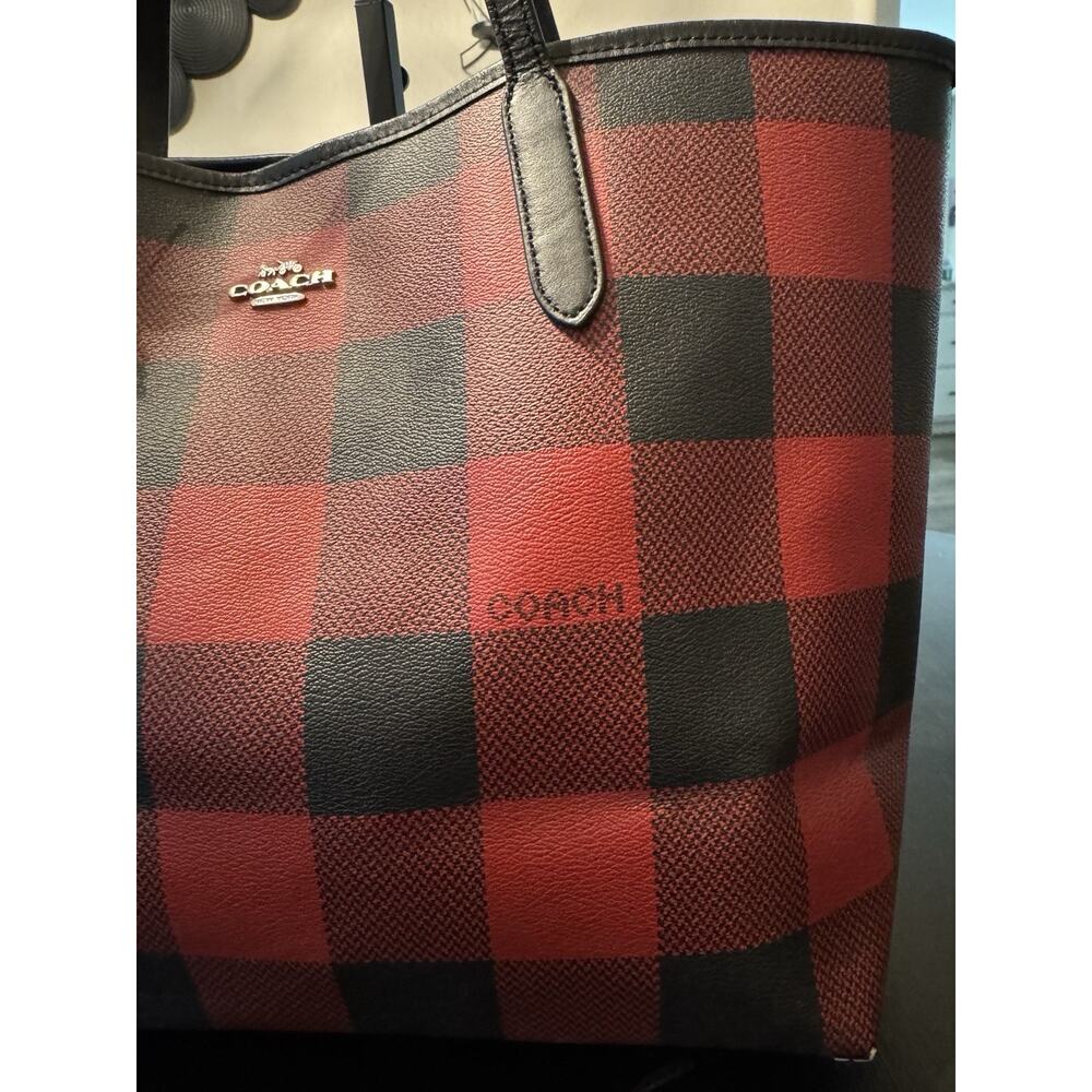 Coach City Tote Red Black Buffalo Plaid Holiday Tote Bag - Picture 4 of 13